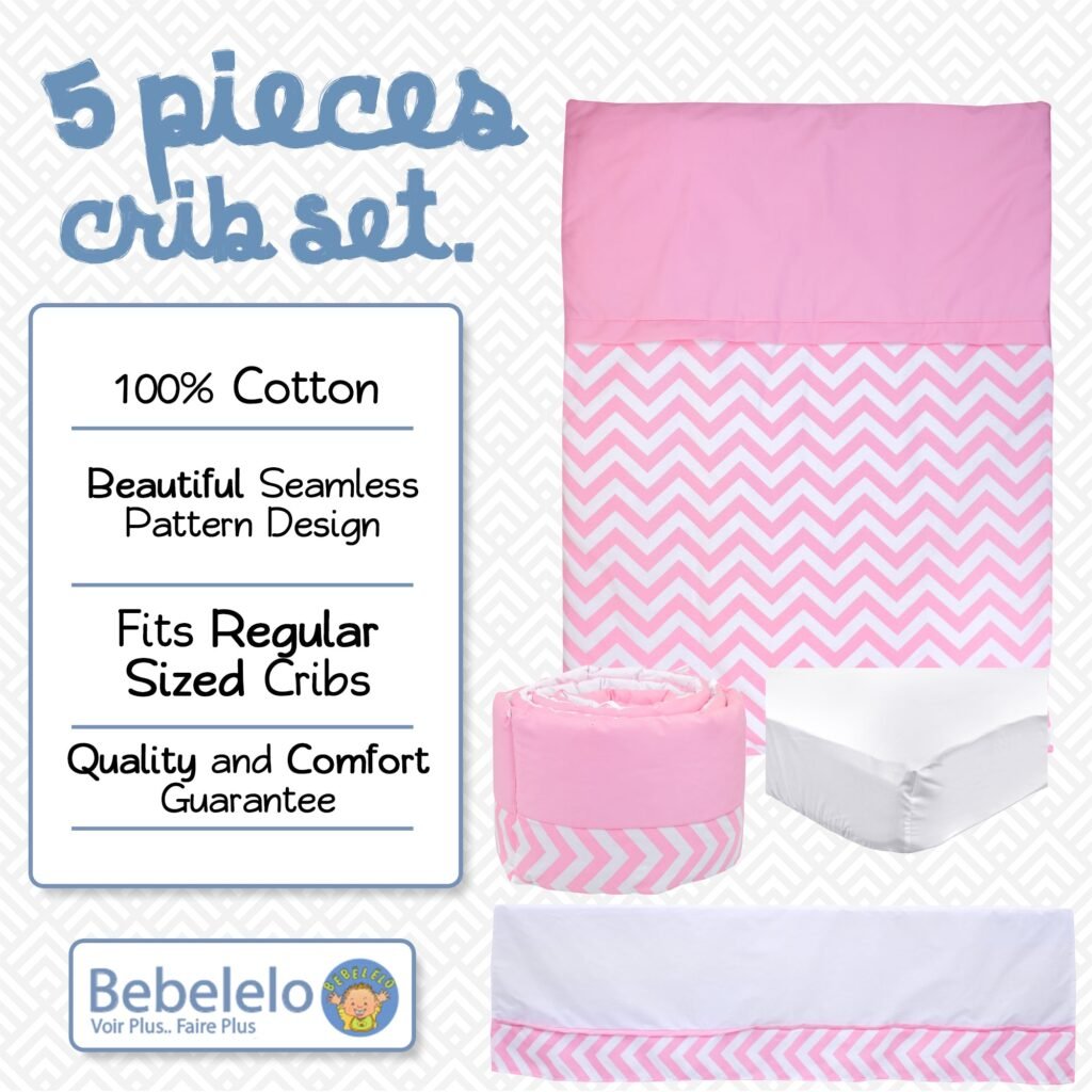 Boobeyeh 5-piece chevron zigzag pink baby bedding set - perfect for baby girls