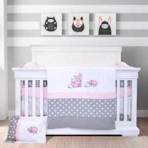 Boobeyeh baby bedding set - 7-piece Canadian cotton with polka dot and fox design in pink