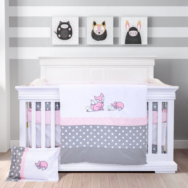 Boobeyeh baby bedding set - 7-piece Canadian cotton with polka dot and fox design in pink - Image 2