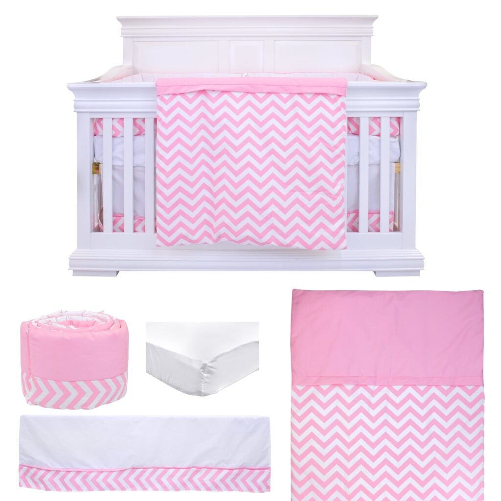 Boobeyeh 5-piece chevron zigzag pink baby bedding set - perfect for baby girls