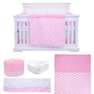Boobeyeh 5-piece chevron zigzag pink baby bedding set - perfect for baby girls