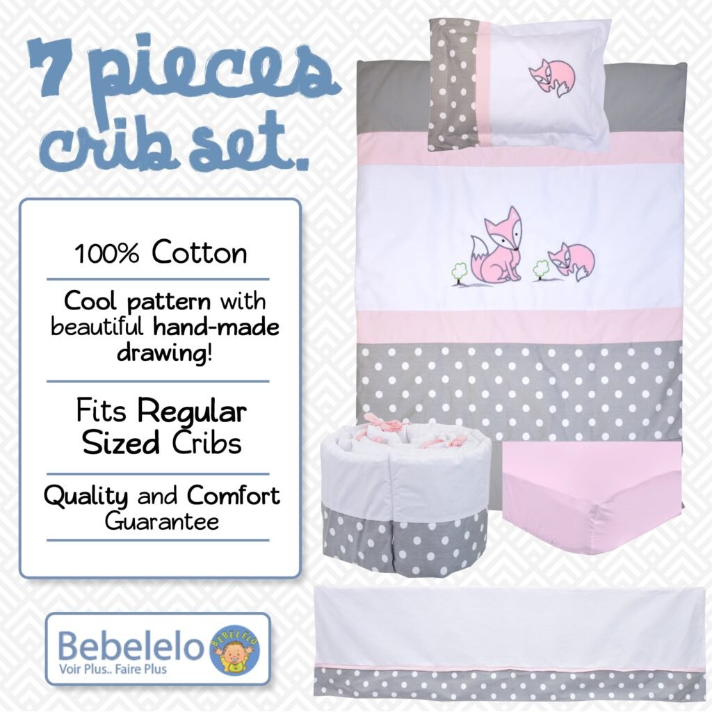 Boobeyeh baby bedding set - 7-piece Canadian cotton with polka dot and fox design in pink