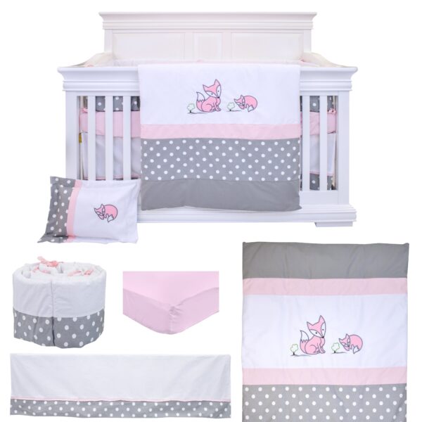 Boobeyeh baby bedding set - 7-piece Canadian cotton with polka dot and fox design in pink - Image 10