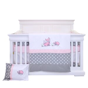 Boobeyeh baby bedding set - 7-piece Canadian cotton with polka dot and fox design in pink