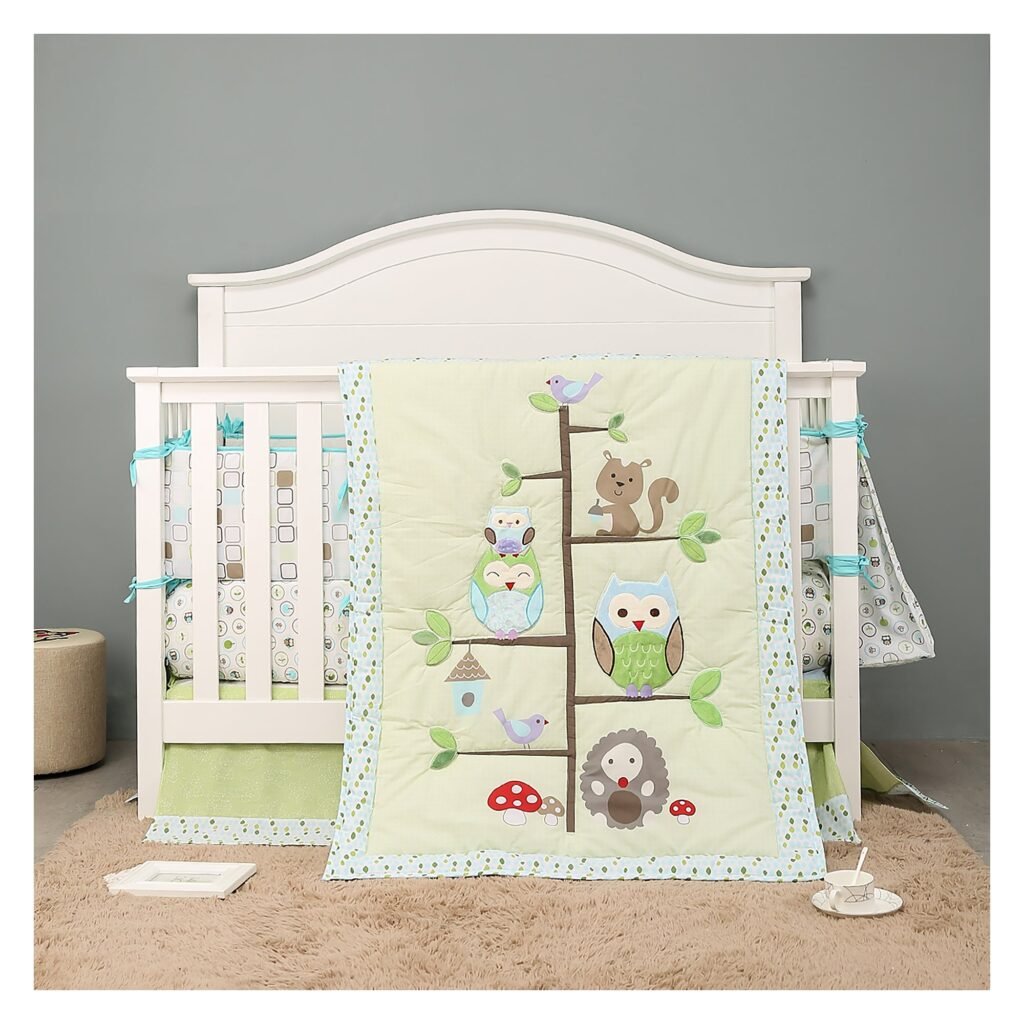 Boobeyeh 4-piece crib bedding set green owl