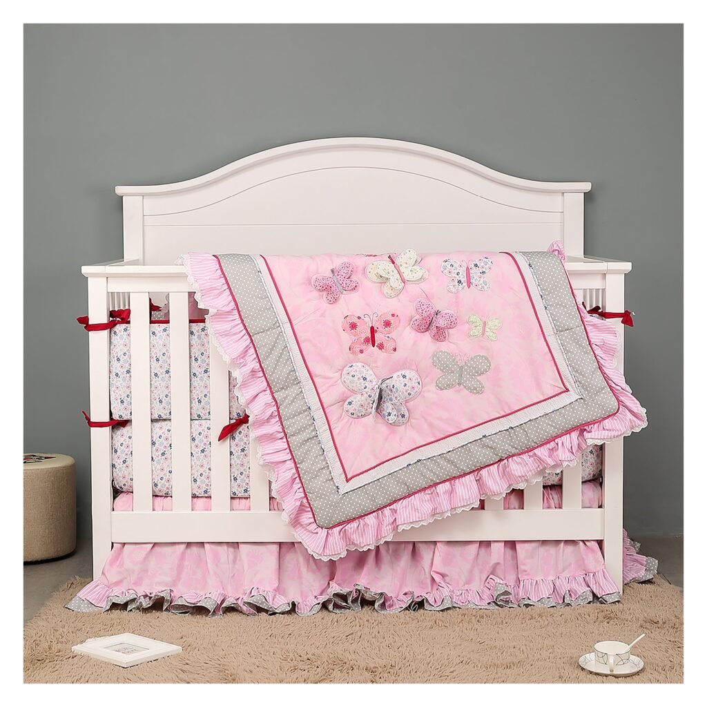 Boobeyehcotton4-piececribset3 Boobeyeh cotton pink butterfly 4-piece crib set