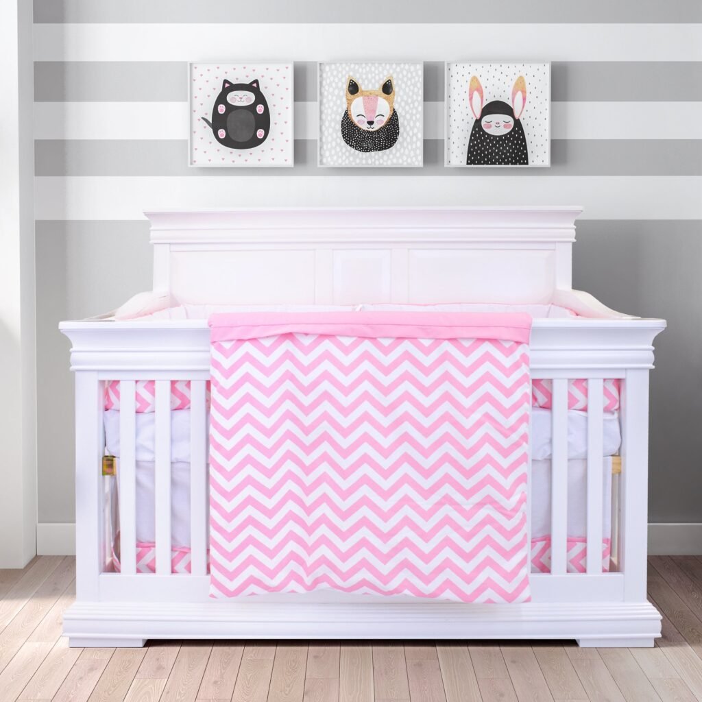 Boobeyeh 5-piece chevron zigzag pink baby bedding set - perfect for baby girls