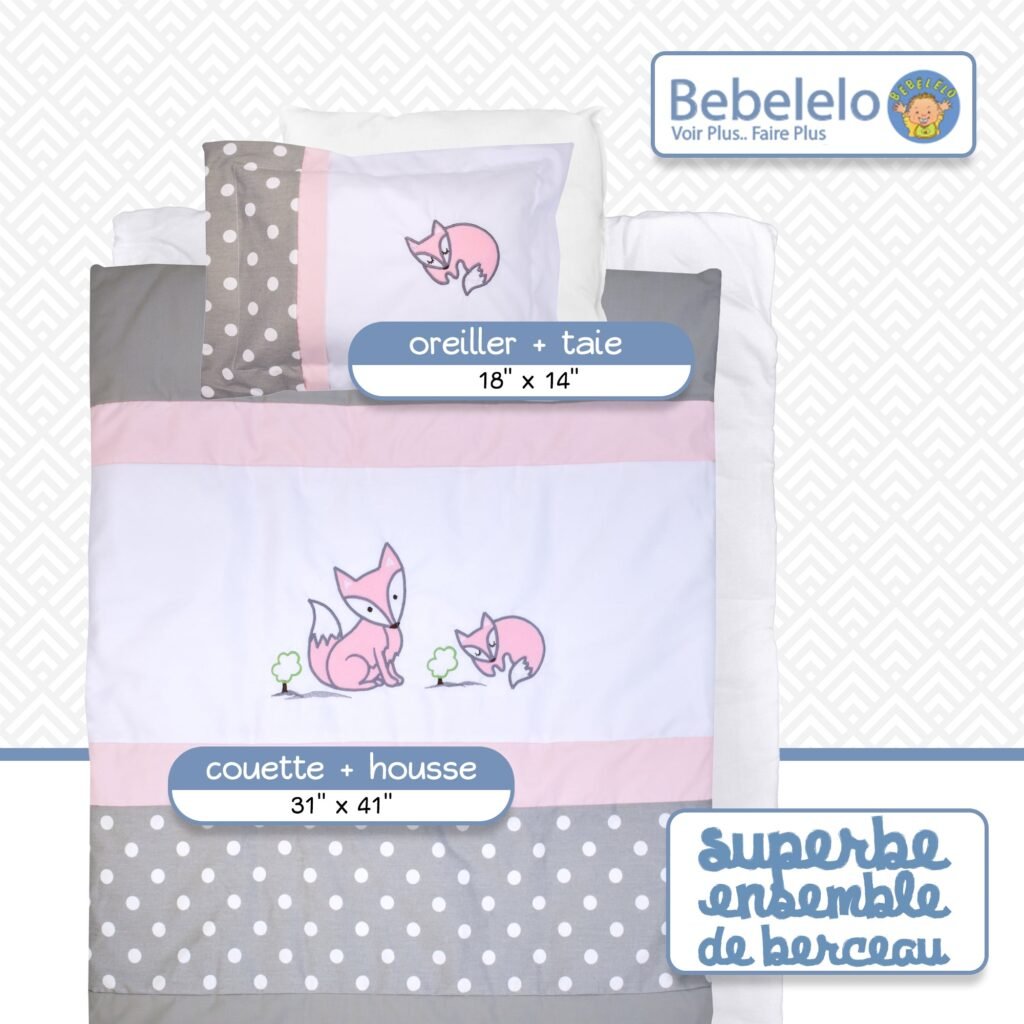 Boobeyeh baby bedding set - 7-piece Canadian cotton with polka dot and fox design in pink