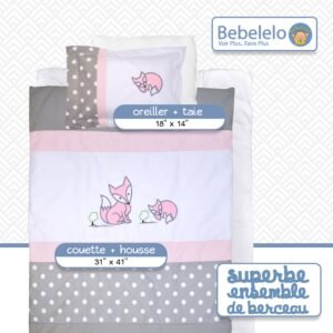 Boobeyeh baby bedding set - 7-piece Canadian cotton with polka dot and fox design in pink