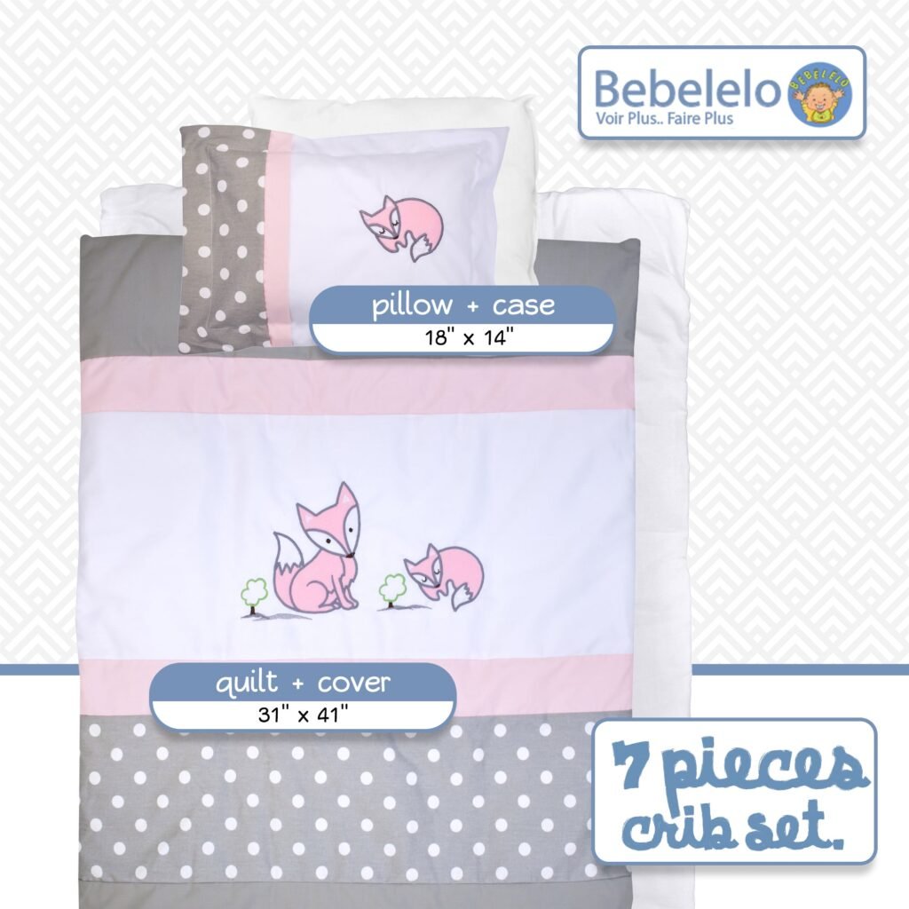 Boobeyeh baby bedding set - 7-piece Canadian cotton with polka dot and fox design in pink
