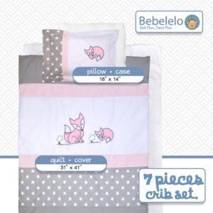 Boobeyeh baby bedding set - 7-piece Canadian cotton with polka dot and fox design in pink