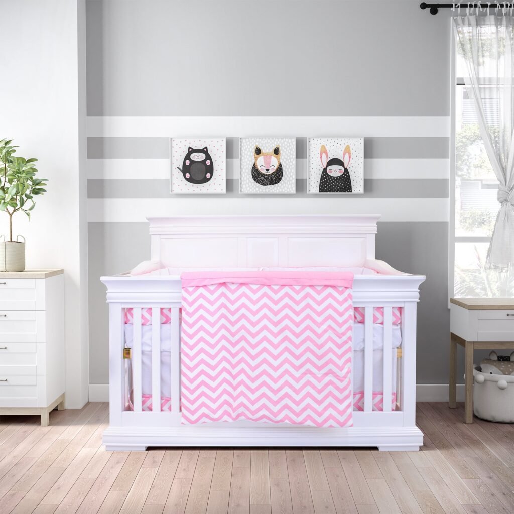 Boobeyeh 5-piece chevron zigzag pink baby bedding set - perfect for baby girls