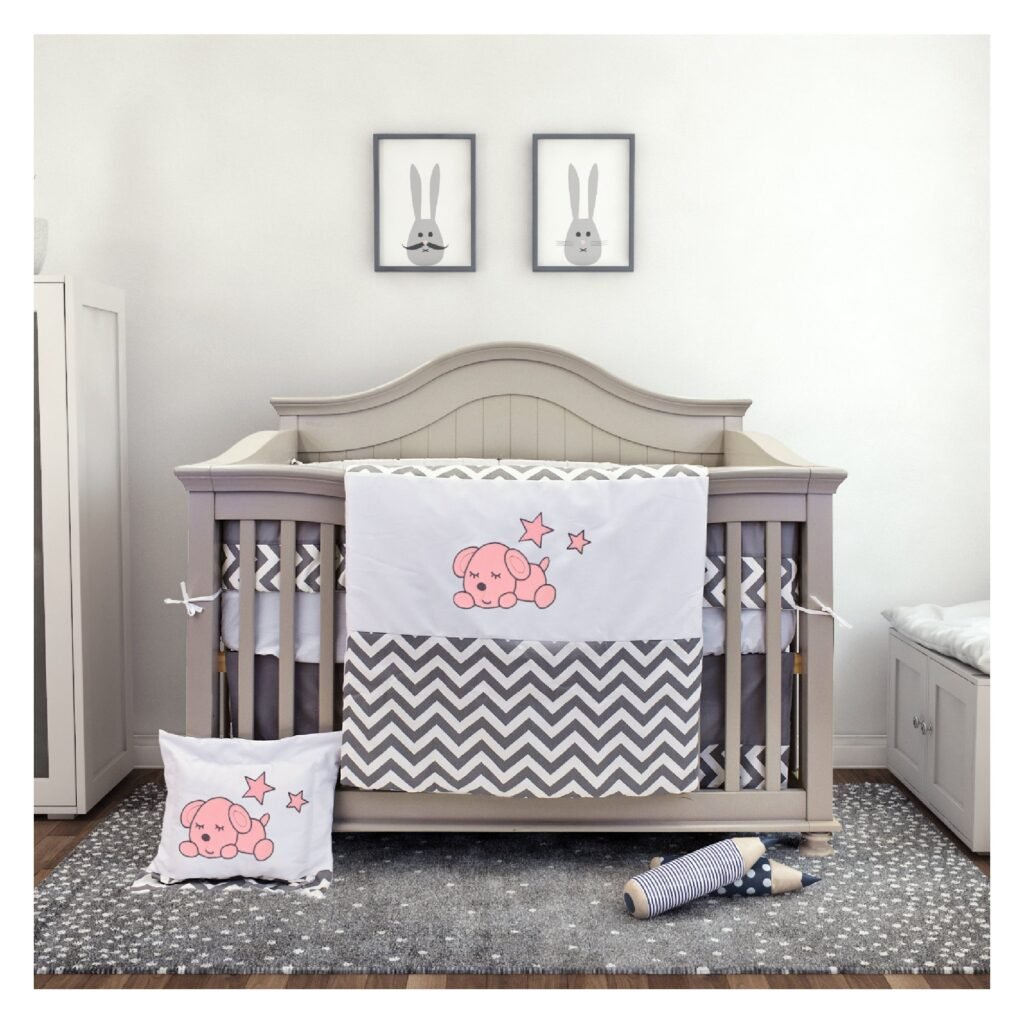 Boobeyeh baby bedding set for girls - zigzag pattern with baby dog embroidery