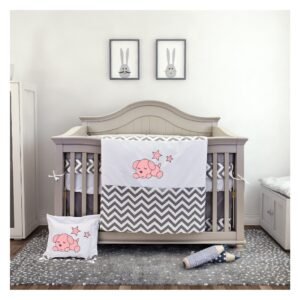 Boobeyeh baby bedding set for girls - zigzag pattern with baby dog embroidery