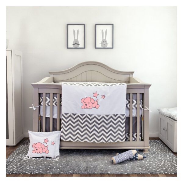 Boobeyeh baby bedding set for girls - zigzag pattern with baby dog embroidery - Image 2