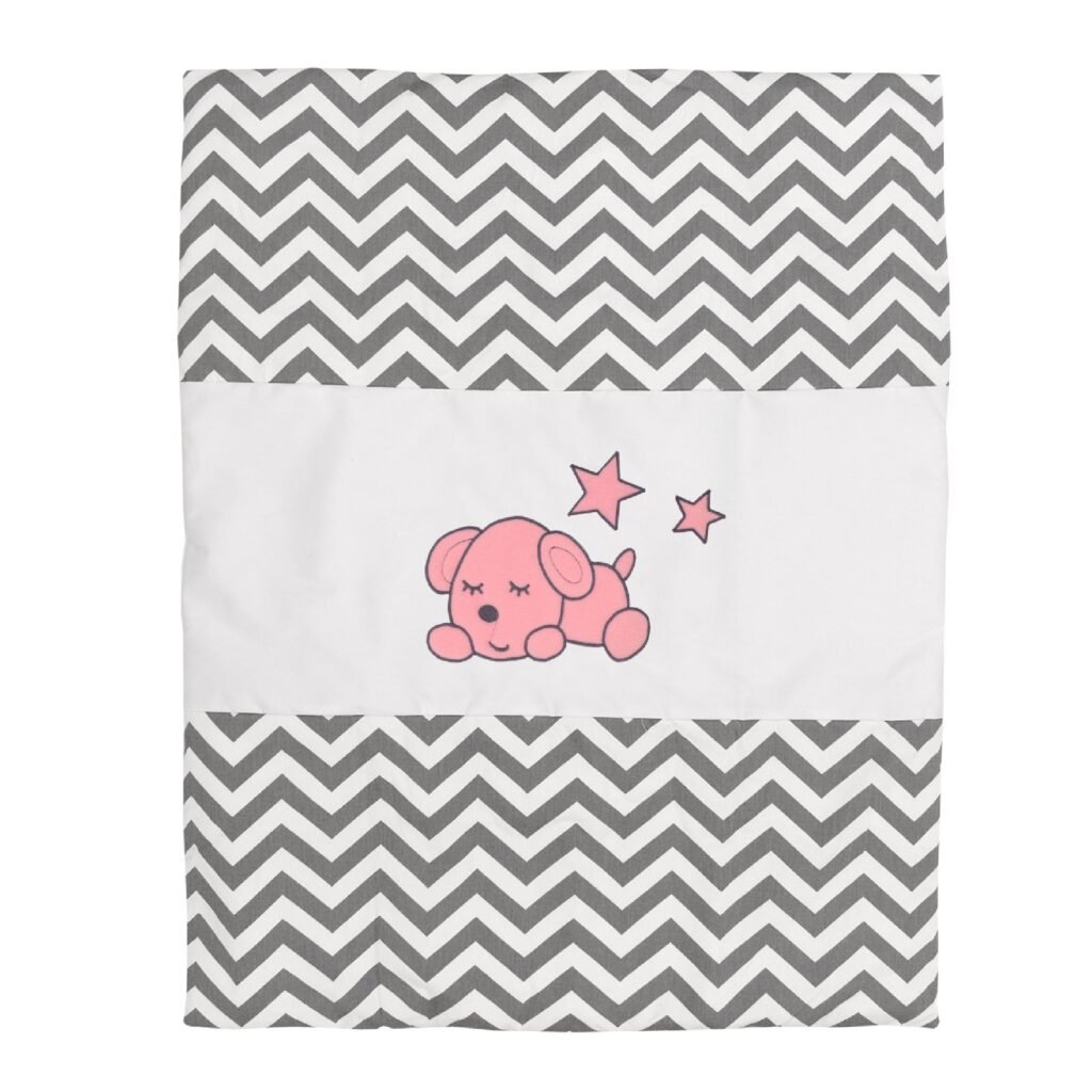 Boobeyeh baby bedding set for girls - zigzag pattern with baby dog embroidery