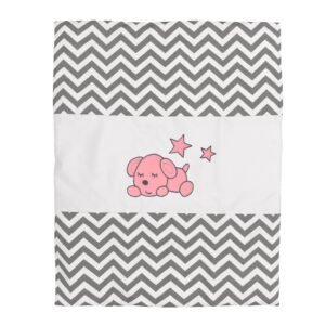 Boobeyeh baby bedding set for girls - zigzag pattern with baby dog embroidery
