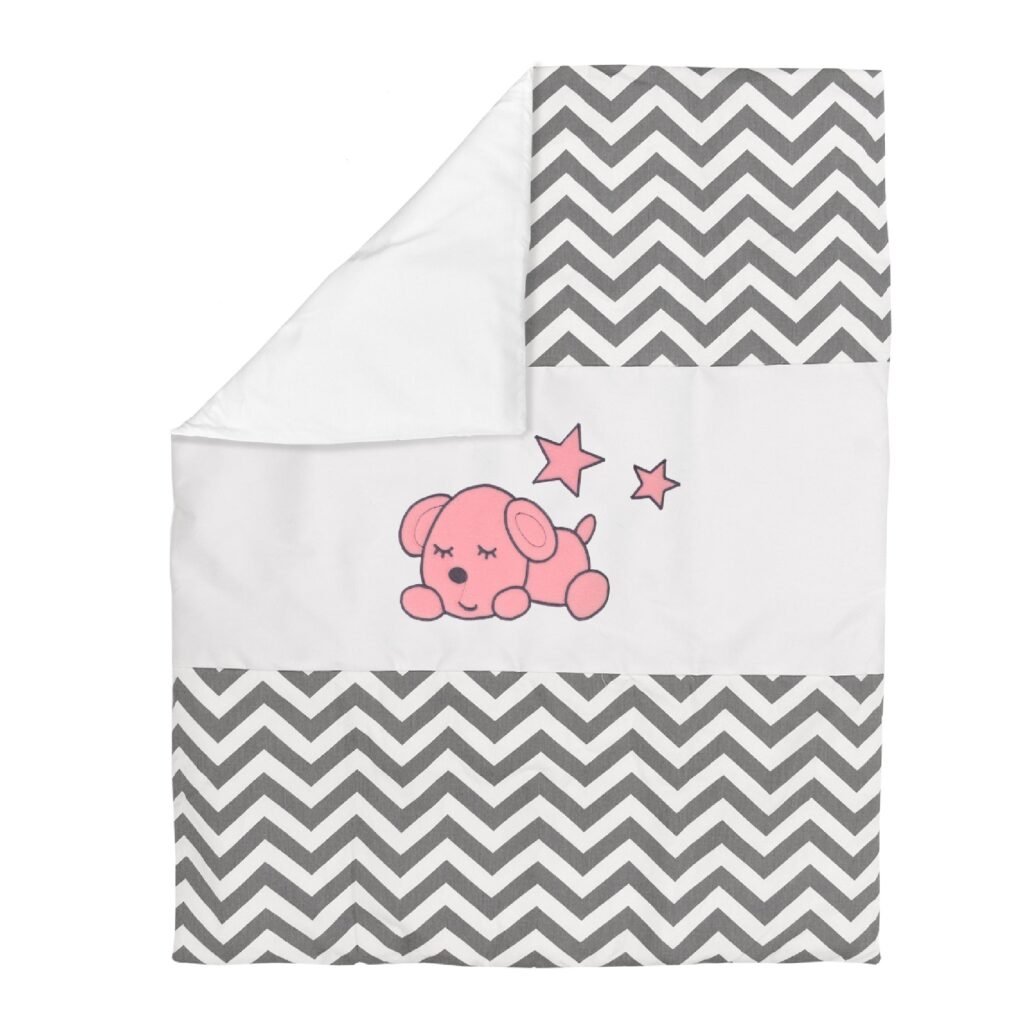 Boobeyeh baby bedding set for girls - zigzag pattern with baby dog embroidery