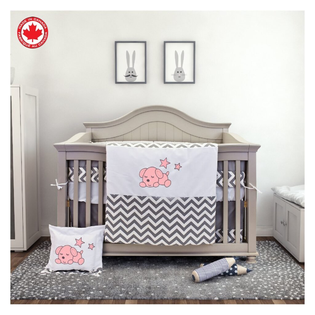 Boobeyeh baby bedding set for girls - zigzag pattern with baby dog embroidery
