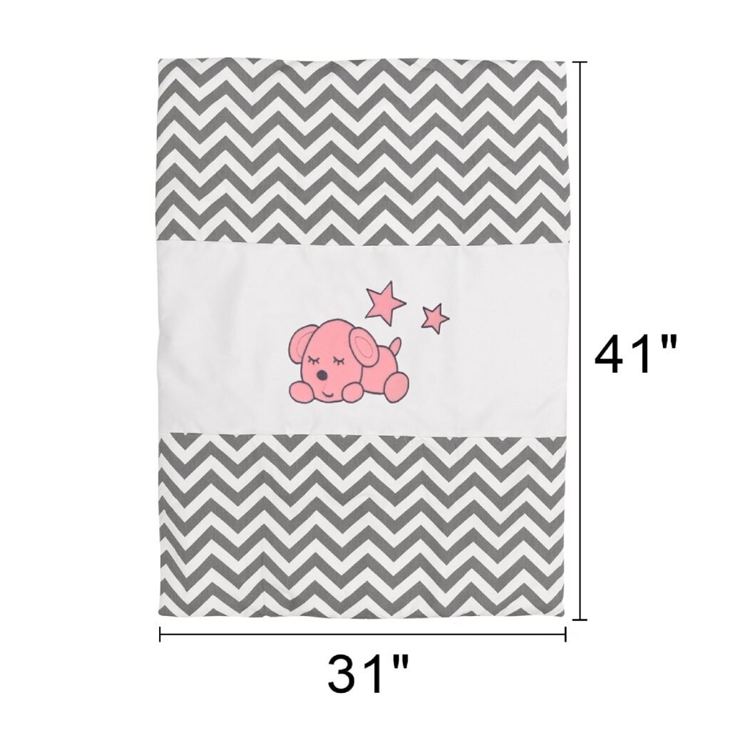 Boobeyeh baby bedding set for girls - zigzag pattern with baby dog embroidery