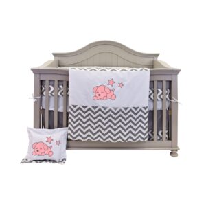 Boobeyeh baby bedding set for girls - zigzag pattern with baby dog embroidery