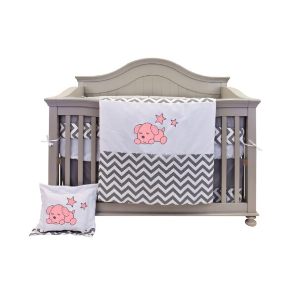 Boobeyeh baby bedding set for girls - zigzag pattern with baby dog embroidery