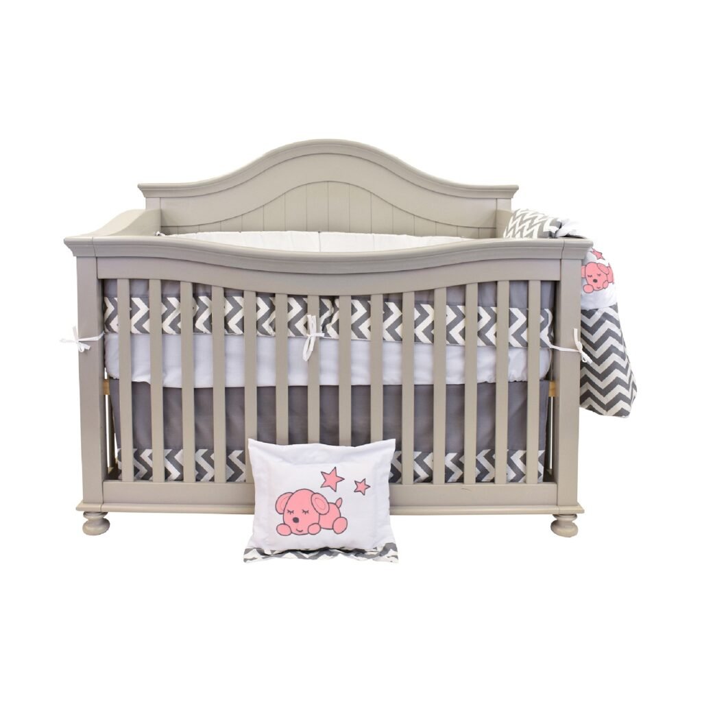 Boobeyeh baby bedding set for girls - zigzag pattern with baby dog embroidery