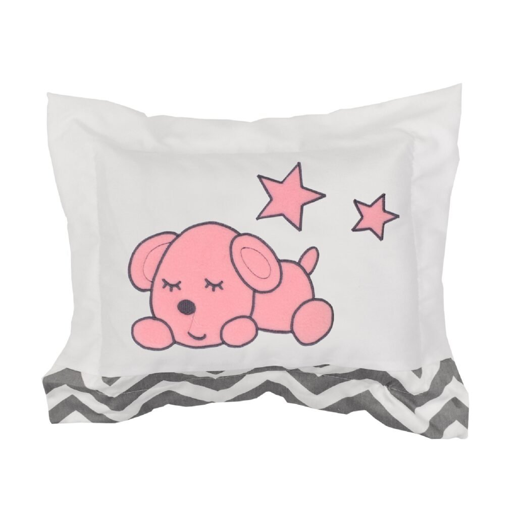 Boobeyeh baby bedding set for girls - zigzag pattern with baby dog embroidery