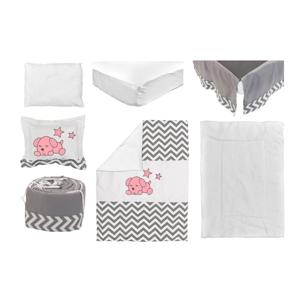 Boobeyeh baby bedding set for girls - zigzag pattern with baby dog embroidery