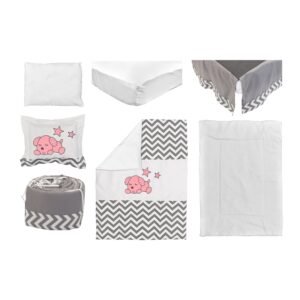 Boobeyeh baby bedding set for girls - zigzag pattern with baby dog embroidery