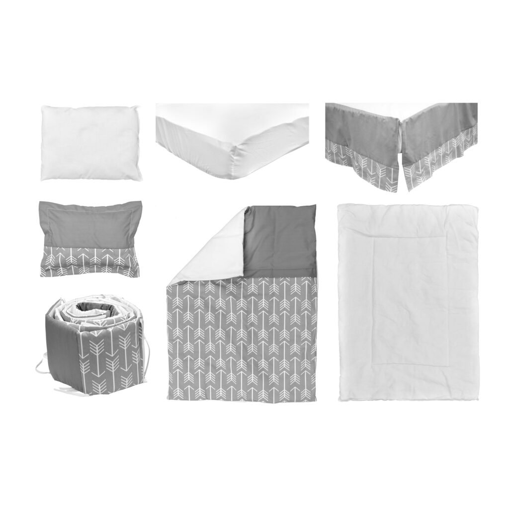 Boobeyeh 7-piece unisex arrow baby bedding set in gray