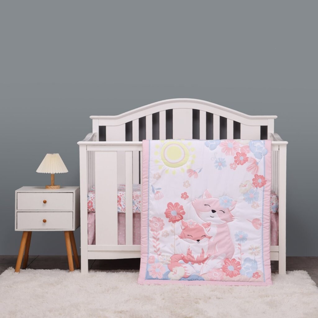 Fox-themed crib bedding set, floral design boobeyeh