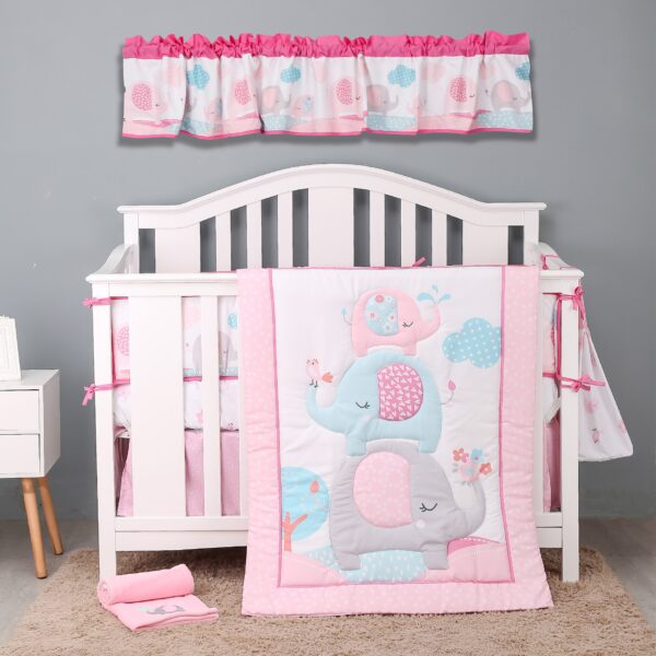 Boobeyeh 5-piece pink, elephant crib bedding set
