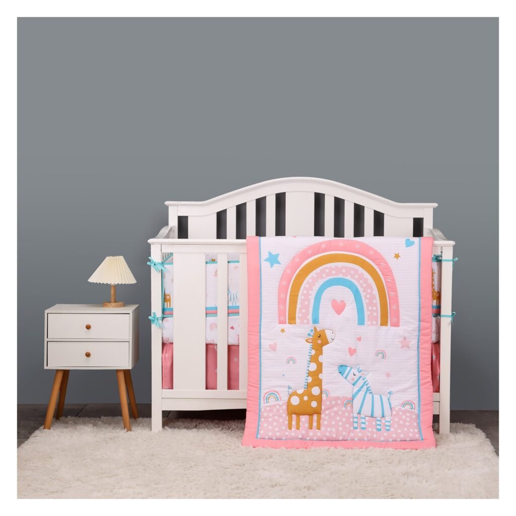 5-piece crib bedding set with giraffe theme, pink sheet for new born.