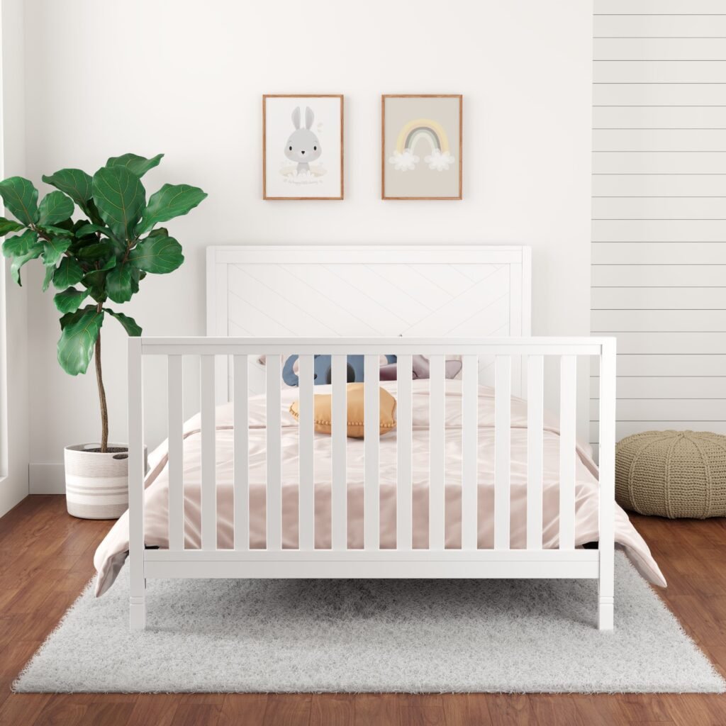 Bebelelo_ModernaCrib_White_BedFullroom Moderna convertible crib, white