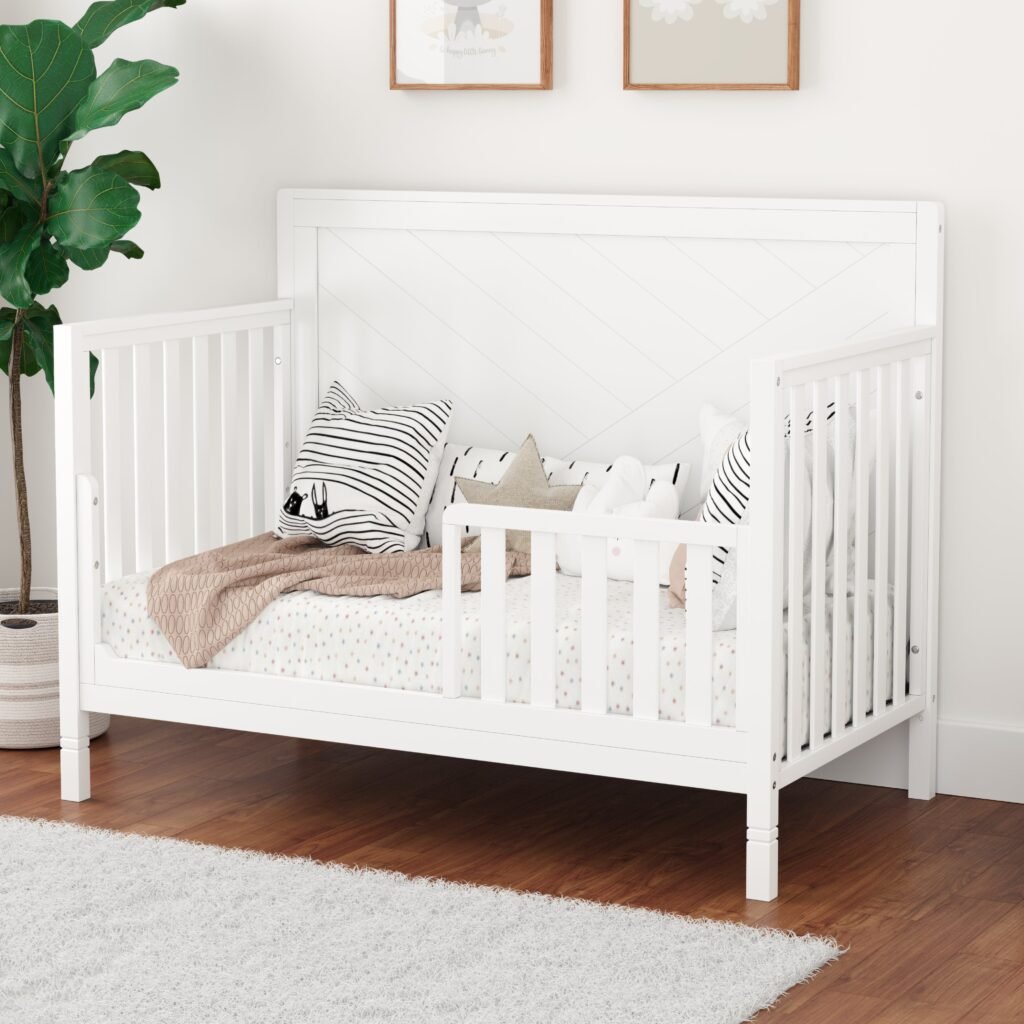 Bebelelo_ModernaCrib_White_ToddlerBarrierL45RS Moderna convertible crib, white
