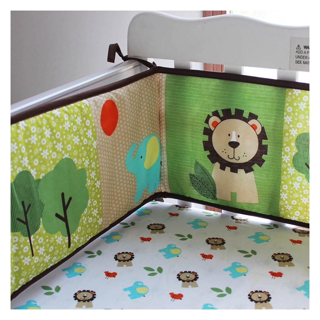 Boobeyeh 4-piece animal crib bedding set, lion, trees, elephant
