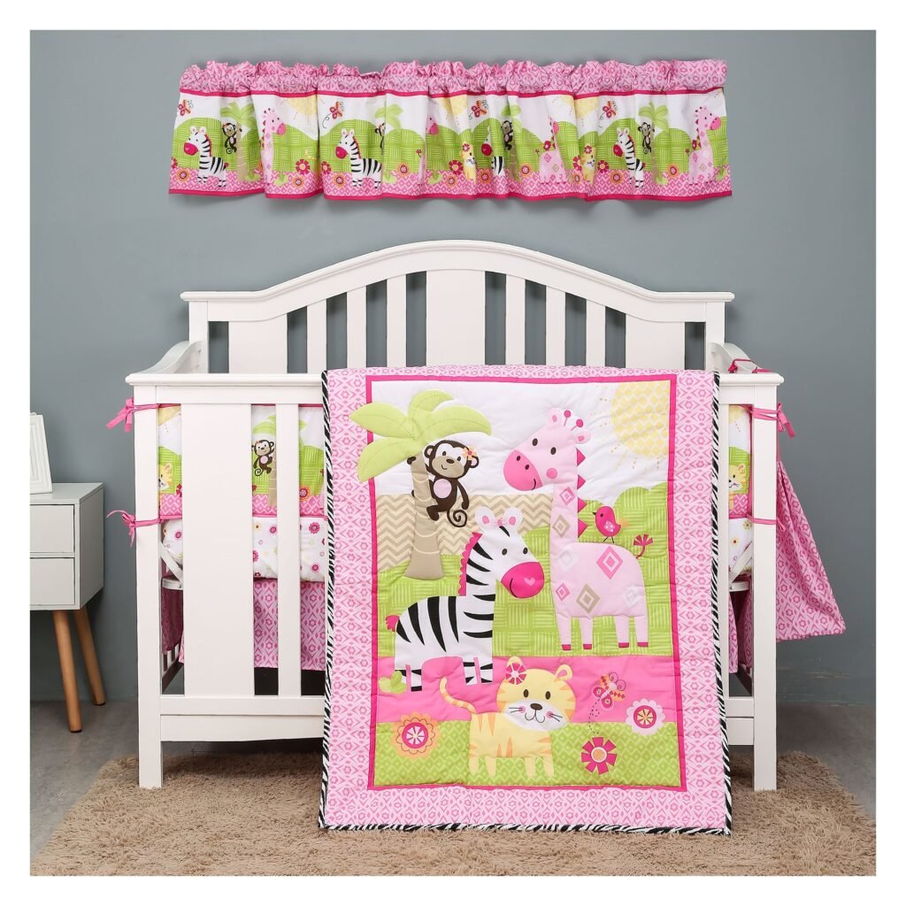 Boobeyeh 4-piece animal nursery crib bedding set pink giraffe