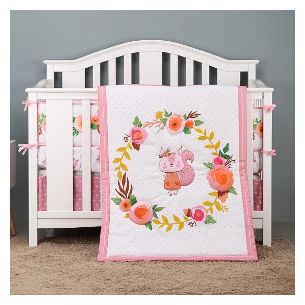 Boobeyeh 5-piece squirrel-themed crib bedding set for new born, pink