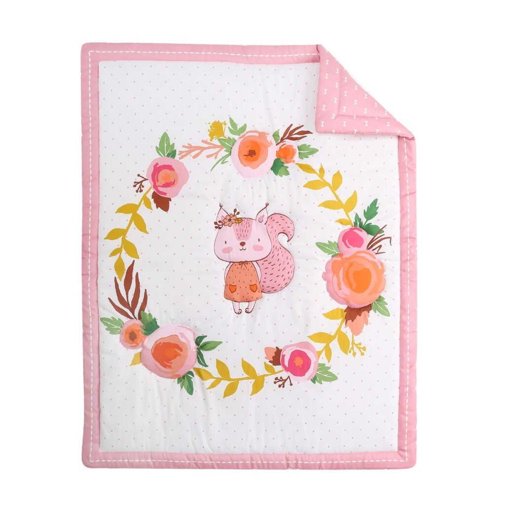 Boobeyeh 5-piece squirrel-themed crib bedding set for new born, pink