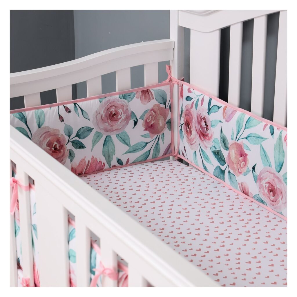 Boobeyeh 5-piece crib bedding set for new born, swan & flower, pink