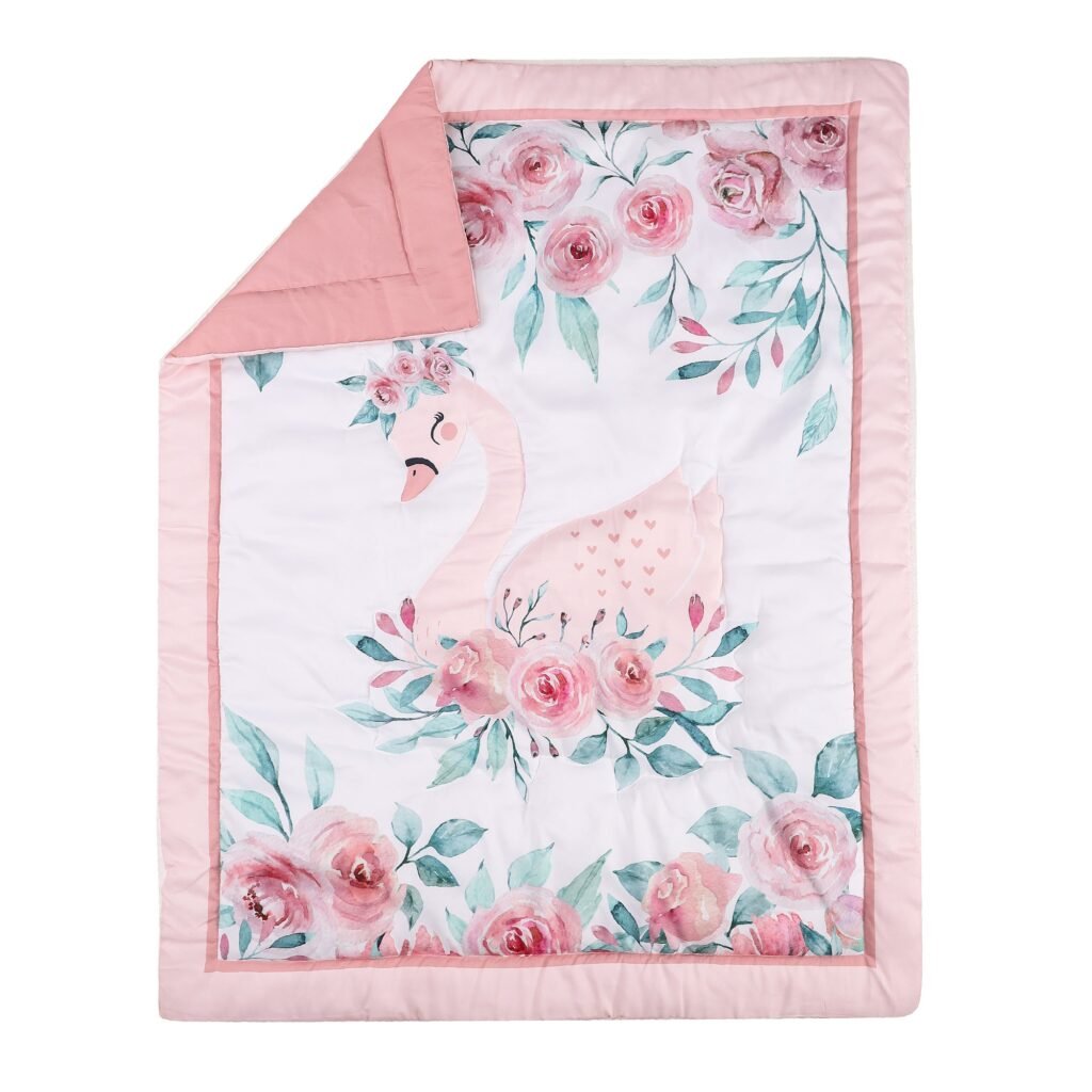 Boobeyeh 5-piece crib bedding set for new born, swan & flower, pink