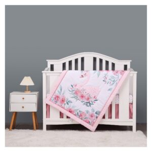Boobeyeh 5-piece crib bedding set for new born, swan & flower, pink