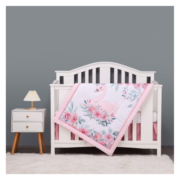 Boobeyeh 5-piece crib bedding set for new born, swan & flower, pink