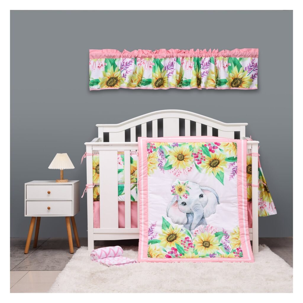 Boobeyeh5-pieceelephant-themedbabycribbeddingset. Boobeyeh 5-piece elephant-themed baby crib bedding set.