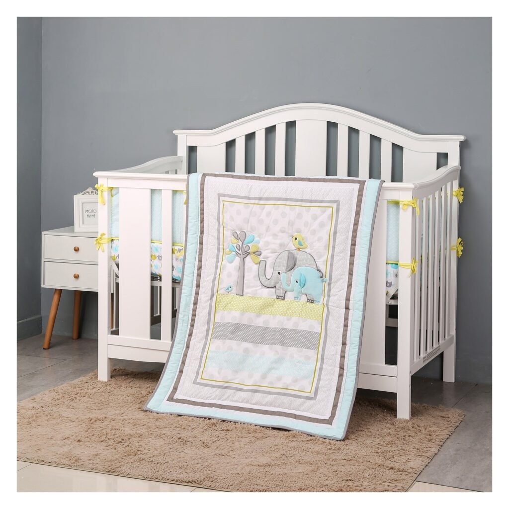 Boobeyeh 5-piece blue elephant crib bedding set