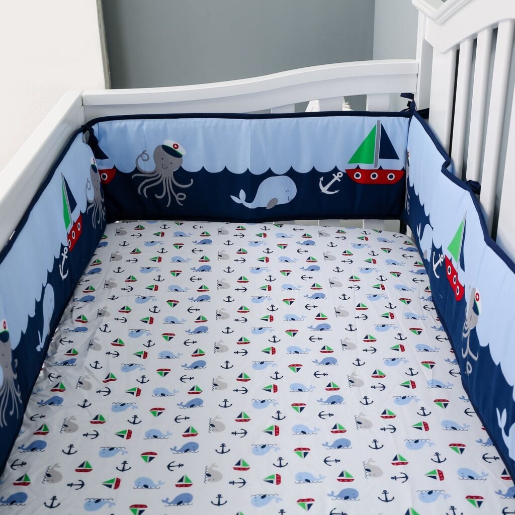 Nautical 5-piece crib bedding set with sailboat, octopus, whale