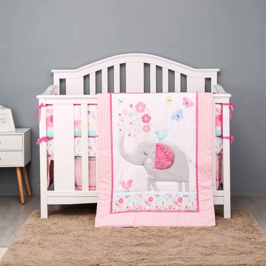 Baby crib bedding pink and grey elephant for new born