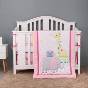 5-piece animal bedding set, pink, giraffe and elephant