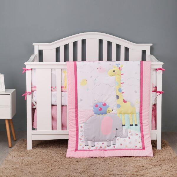 5-piece animal bedding set, pink, giraffe and elephant